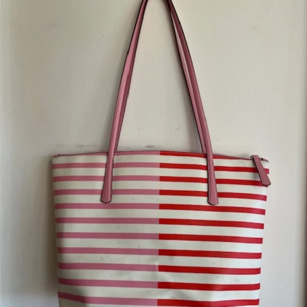 KATE SPADE New York Zina Red Pink White Stripe Large Coated Canvas Tote …